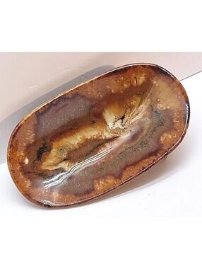 Studio Art Pottery Glazed Oval Dish Trinket / Soap Dish w/ 3 Legs Pedestal